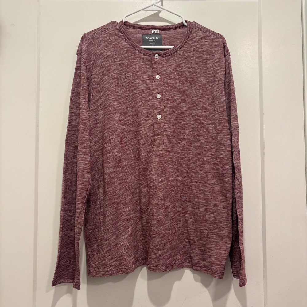 Bonobos Mens Standard Fit Henley Shirt Long Sleeve Burgundy Space Dye Cotton M